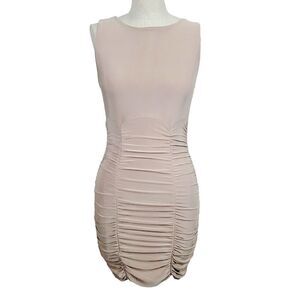 21 Saints Tank Mini Dress S Beige Stretch Ruched Sleeveless Bodycon Sexy Popover